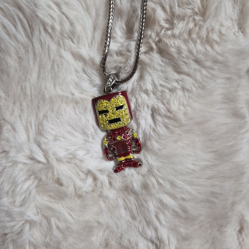 Iron Man Necklace Red Yellow Rhinestone Bedazzled Figure Pendant Silver Tone ✨️